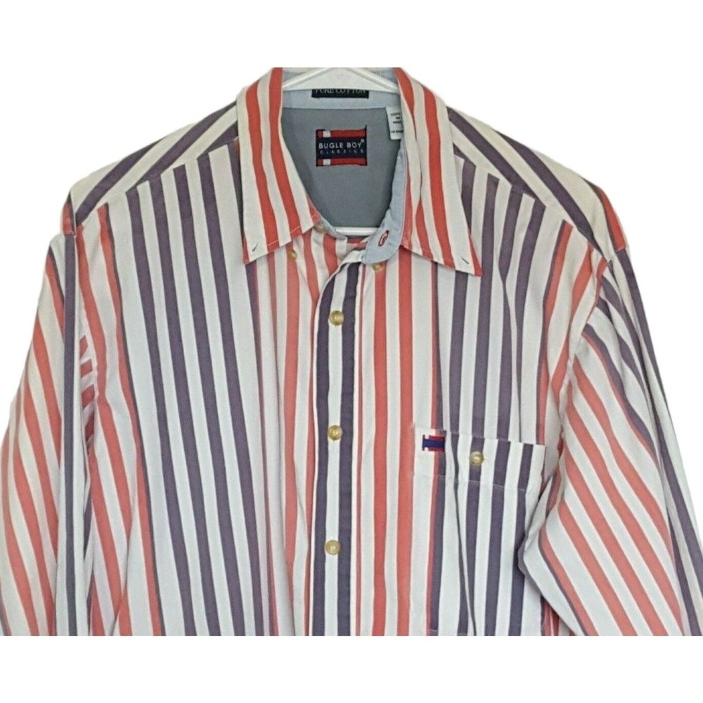 Vintage 90s Bugle Boy Mens M Long Sleeve Button Up Shirt Logo Cotton Striped